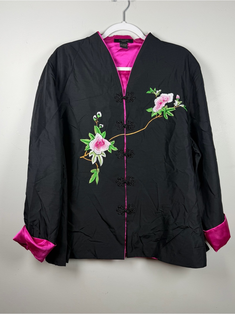 Anne Carson 100% Silk Black Pink Asian Floral Embroidery Artsy Blazer Jacket 2X